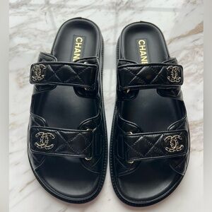 CHANEL Black Lambskin Mules Dad Sandals with Gold CC Hardware